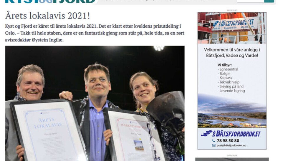KJØPT OPP: Kyst og Fjord ble i 2021 kåret til årets lokalavis av LLA. Nå har de blitt kjøpt opp av Polaris Media. KJØPT OPP: Kyst og Fjord ble i 2021 kåret til årets lokalavis av LLA. Nå har de blitt kjøpt opp av Polaris Media.