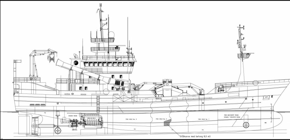 SJARMØR: Slik ser kystnotfartøyet ut på GA-tegning. Midt i skipet sees stålkassen fylt med åtte kubikk betong.