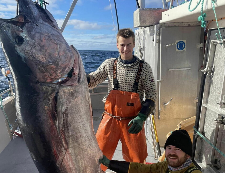 To stolte fiskere ombord på 'Storholmen' med et prakteksemplar av en størje. I midten Markus Skaar Hansen og nede til venstre Halvard Årseth