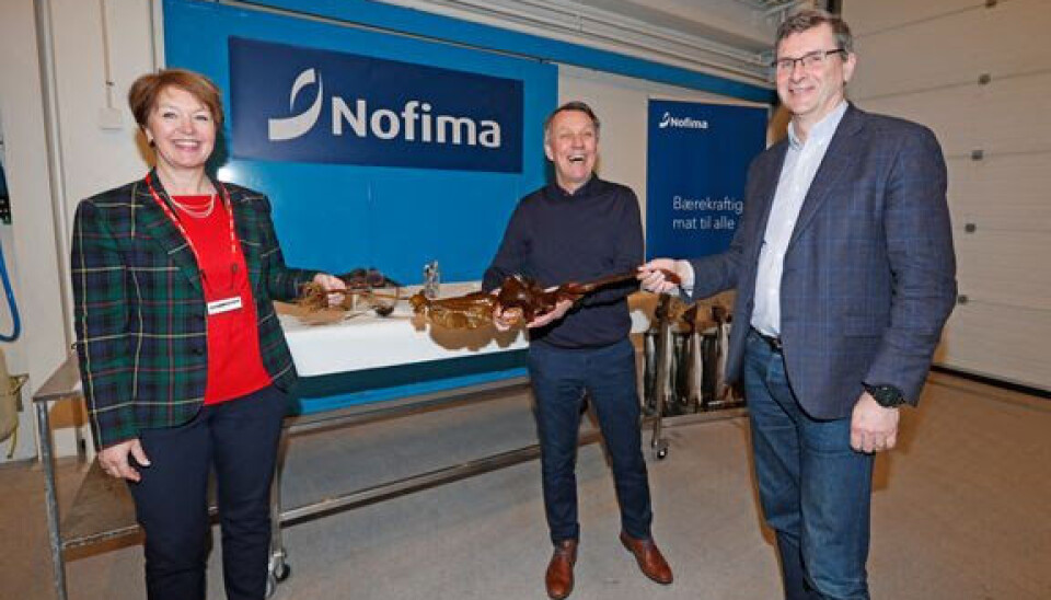 SNORKLIPP: Tromsøs ordfører Gunnar Wilhelmsen klippet over snora med tare under lanseringen av et nettverk for nye oppdrettsarter ved Nofimas hovedkontor i Tromsø. Flankert av Bente E. Torstensen, divisjonsdirektør i Nofima og Harald Sveier, forskningssjef i Lerøy Seafood Group ASA. SNORKLIPP: Tromsøs ordfører Gunnar Wilhelmsen klippet over snora med tare under lanseringen av et nettverk for nye oppdrettsarter ved Nofimas hovedkontor i Tromsø. Flankert av Bente E. Torstensen, divisjonsdirektør i Nofima og Harald Sveier, forskningssjef i Lerøy Seafood Group ASA.