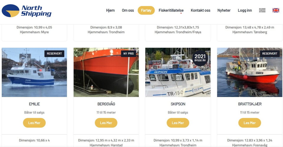 STOR OMSETNING AV BRUKTE FARTØY: Dette er en skjermdump fra nettsiden til North Shipping AS, en av mange meglere som bistår fiskere som kjøpe eller selge fartøy. .