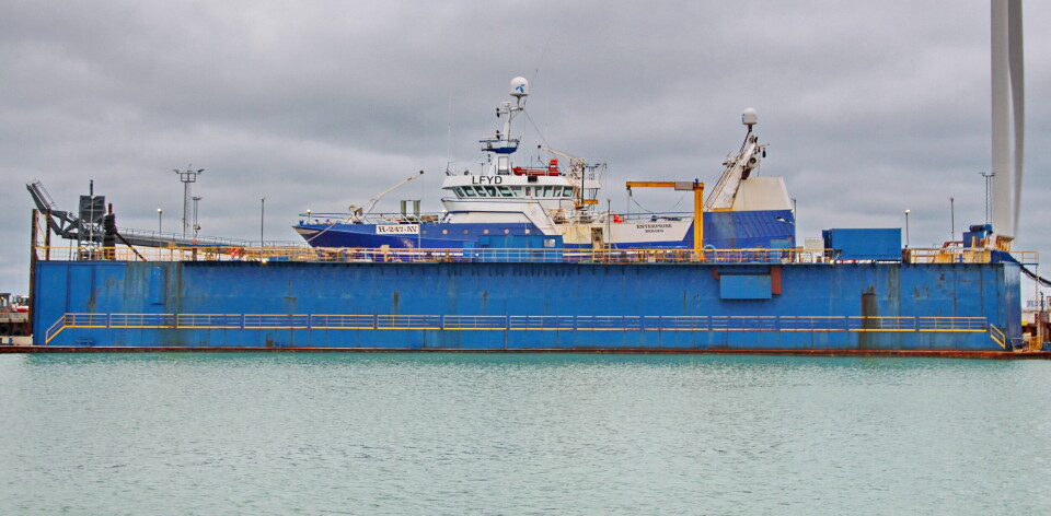LANGT VERKSTEDSOPPHOLD. 'Enterprise' har snart ligget ett år ved Hirtshals Yard. I desember ble den tatt opp i dokk for å få reparert skadene på skroget. LANGT VERKSTEDSOPPHOLD. 'Enterprise' har snart ligget ett år ved Hirtshals Yard. I desember ble den tatt opp i dokk for å få reparert skadene på skroget.
