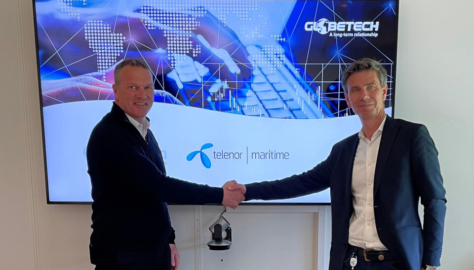 SAMARBEID: Fv Hans Erik Onarheim, CEO i Globetech og Lars Erik Lunøe, CEO i Telenor Maritime SAMARBEID: Fv Hans Erik Onarheim, CEO i Globetech og Lars Erik Lunøe, CEO i Telenor Maritime
