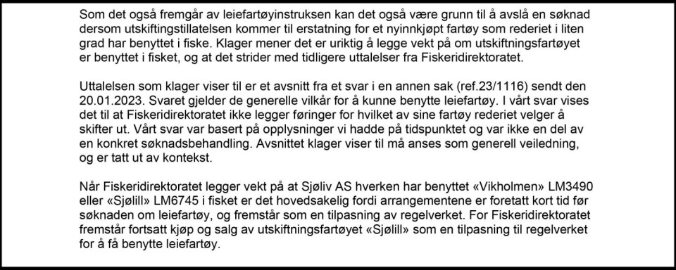KLAR TALE: Avslaget er klar tale hvor rederiet beskyldes for å tilpasse seg til regleverket.