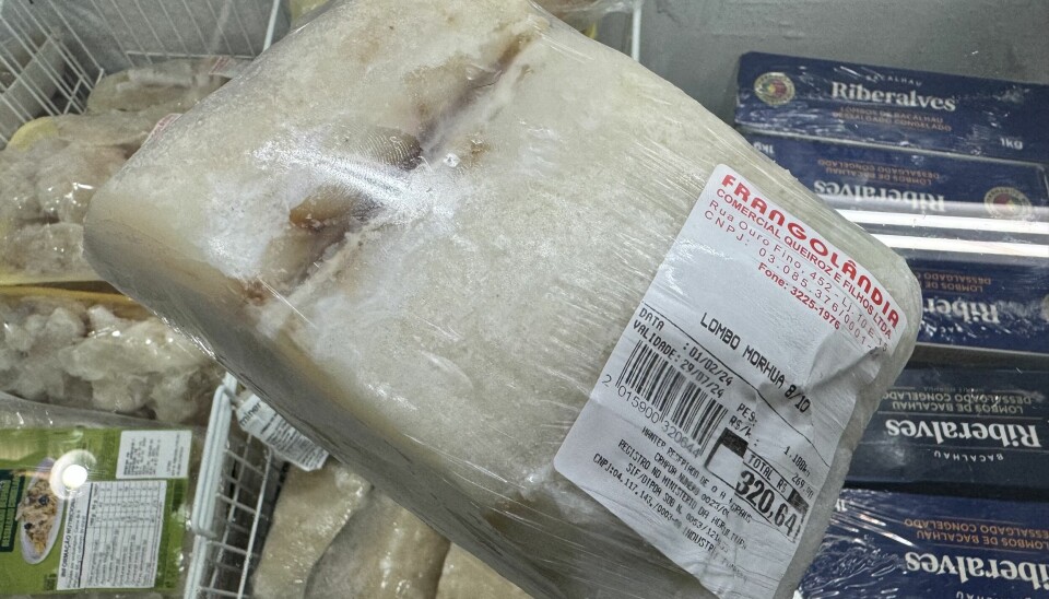 1,88 kilo med saltet og tørket bacalao i Frangolandia i Mercado Distrital do Cruzeiro i storbyen Belo Horizonte. Selv om navnet på butikken, som er en del av en større kjede, indikerer kylling, har de bare fisk her. Prisen er 570 norske kroner per kilo.