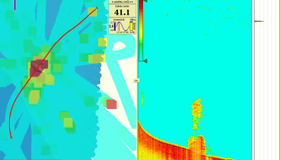 Masse fisk over flyvraket. A og B viser fra og til for streken på loddet Masse fisk over flyvraket. A og B viser fra og til for streken på loddet