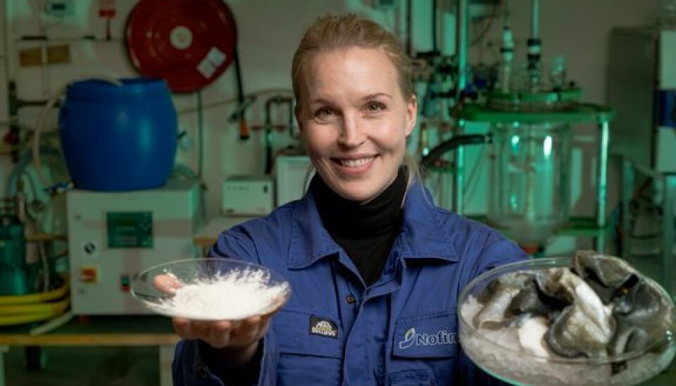 Forsker Kjersi Lian viser frem pulver hun har laget av fiskerester