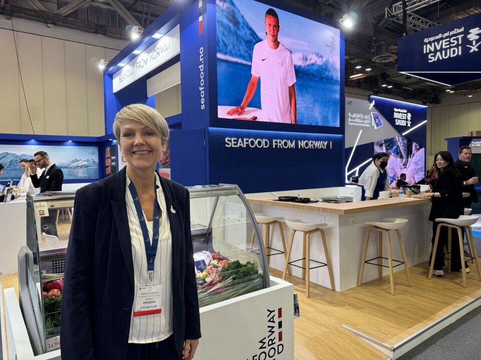 Norges sjømatråd sin utsending til Sørøst-Asia, Åshild Nakken, er godt fornøyd med utviklingen i Sørøst-Asia. Her avbildet foran fellesstanden på Seafood Expo Asia i Singapore i begynnelsen av september i fjor.