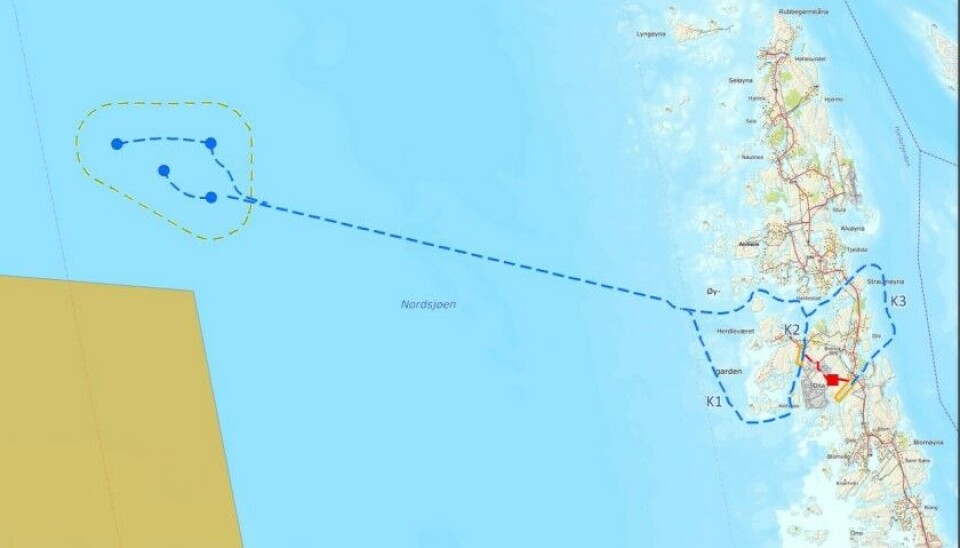 Kartillustrasjon av omsøkt innplassering av anlegget utenfor Øygarden kommune i Vestland fylke.