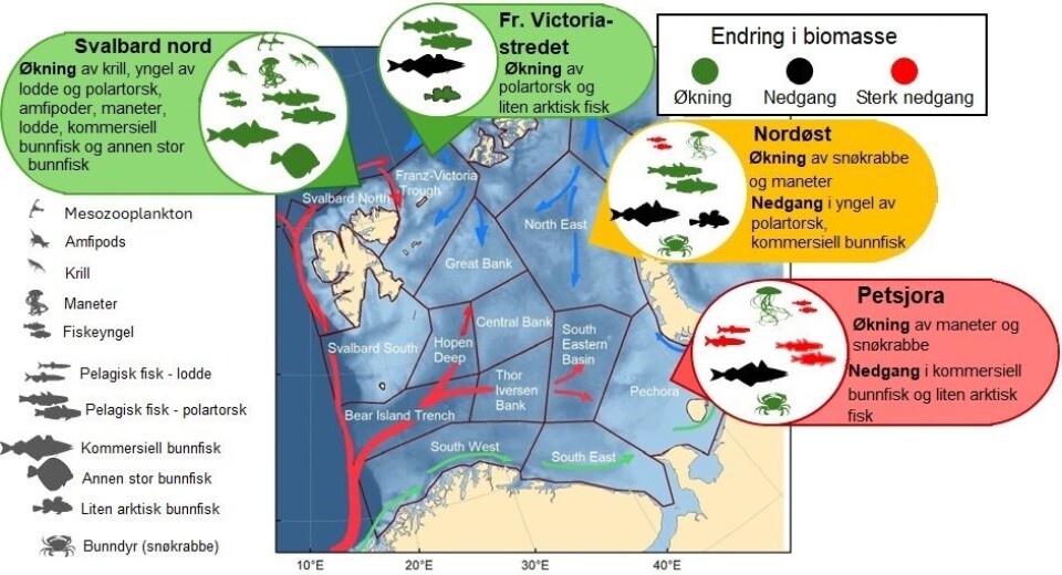 Figuren viser de største endringene i livet i Barentshavet siden 2005.