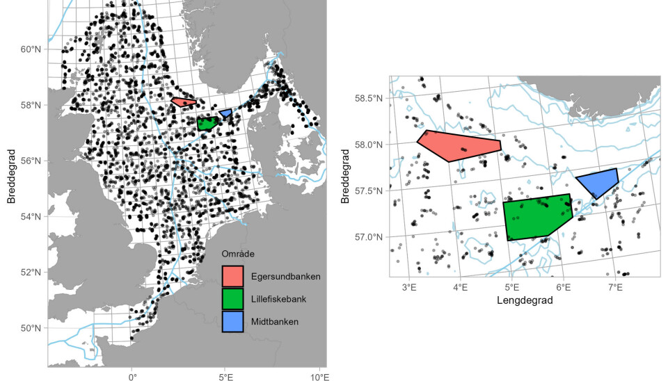 Figuren viser IBTS-stasjoner (de svarte punktene) i (A) Nordsjøen og (B) rundt de norske vernesonene (fargede polygoner) mellom 2015 og 2024. Den blå linjen viser skillet mellom de eksklusive økonomiske sonene til Norge, Storbritannia og EU.