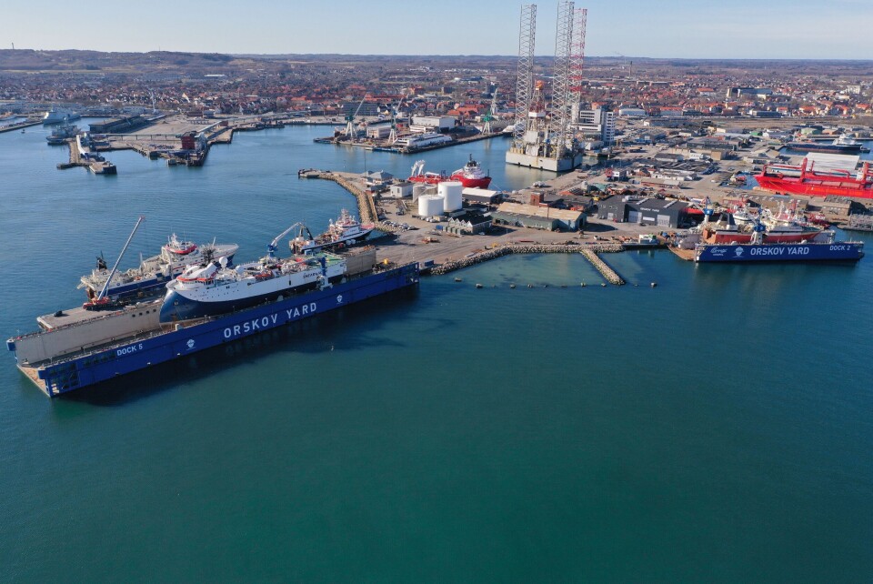 Det ligger for øyeblikket ni fartøyer, derav fire store fiskefartøy ved Orskov Yard. Foto Orskov Yard