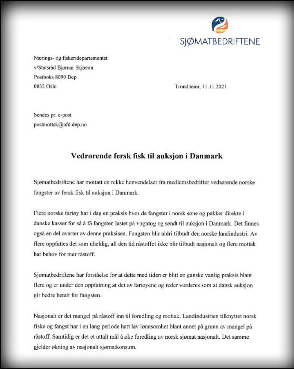 Dette brevet fra Sjømatbedriftene tilkjennegir en sterk mistanke om juks. Faksimile av brev