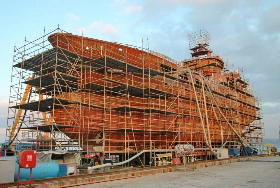 Pandemien har gjort at Julie Pauline er minst ett år forsinket fra verftet Özata i Tyrkia. Foto Özata Shipyard/Vidjenes AS