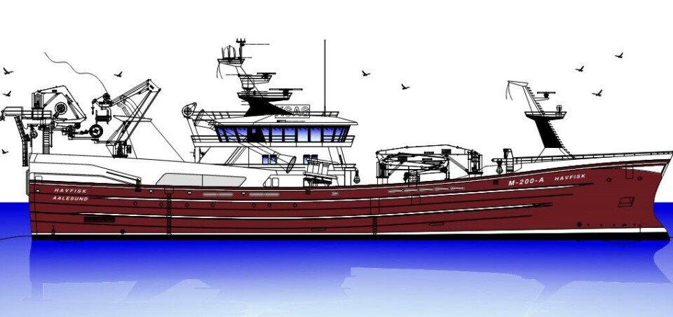 Dette er en tegning av nybygget rederiet har bestilt ved Karstensens Skibsbyggeri for levering i 2024. Illustrasjon Karstensens Skibsbyggeri