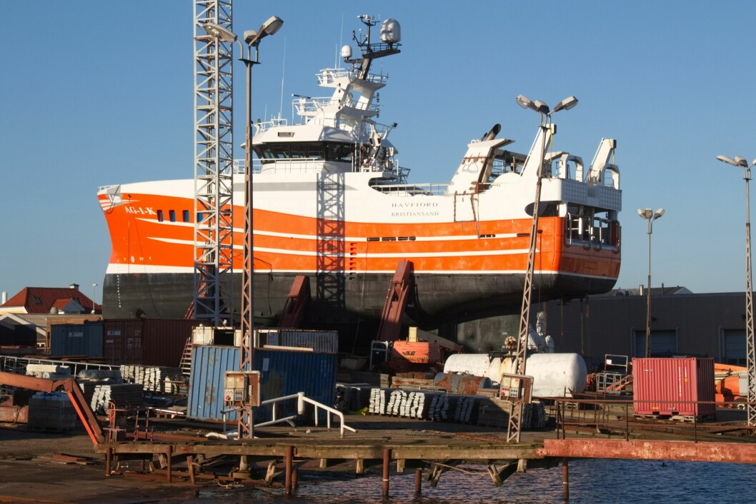 Den norske snurrevadbåten Havfjord er blant seks nybygg som Karstensens Skibsværft nå arbeider på i Skagen. Foto Terje Engø