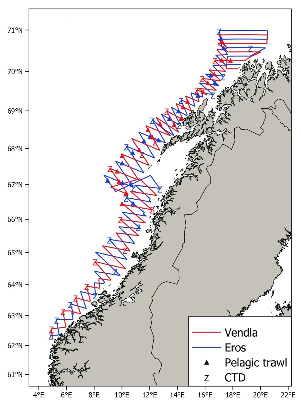 Figur: Kurslinjer, trålstasjoner og CTD-stasjoner fra gytetoktet på norsk vårgytende sild 14.-27. februar 2022.