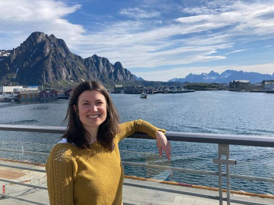 SVOLVÆR: Forsker Guri Hjallen Eriksen nyter utsikten rett utenfor kontoret i Svolvær der mesteparten av avhandlingen hennes er skrevet. (Foto: Snorre Sklet)