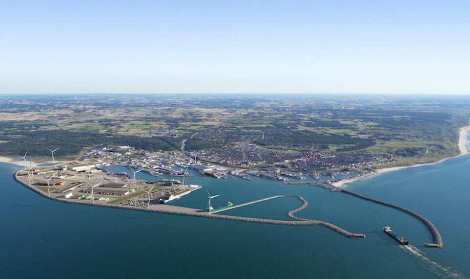 Slik skal moloen se ut når neste del av havneutvidelsen er på plass. Men Hirtshals har ytterligere planer om å utvide med molo og dypvannskai på nordøstsiden. Foto Hirtshals Havn