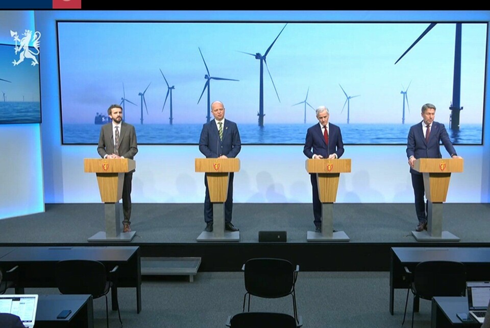 HAVVIND: Statsministeren og tre andre statsråder deltok under onsdagens lansering av havvindsatsingen. (Foto: Skjermdump)