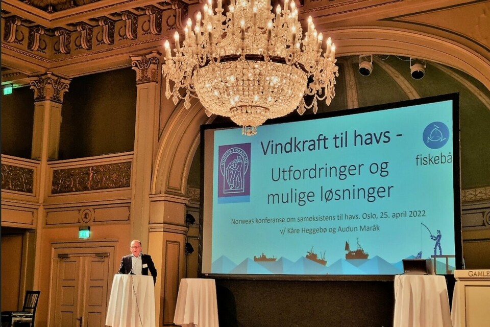 SKEPTISKE: Fiskarlaget og dets leder Kåre Heggebø har gitt entydige signaler om sitt syn på regjeringens havvindsatsning, som her på Norweas konferanse på Gamle Logen sist i april. (Foto: Jan Henrik Sandberg)